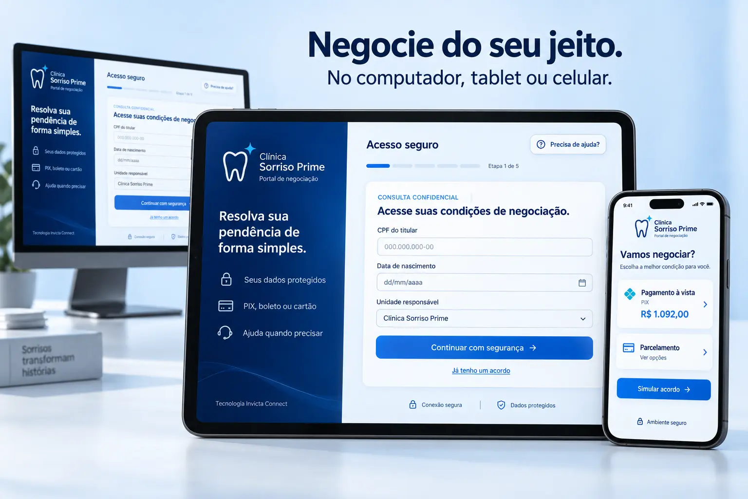 Portal de negociação responsivo da Invicta Connect em computador, tablet e celular